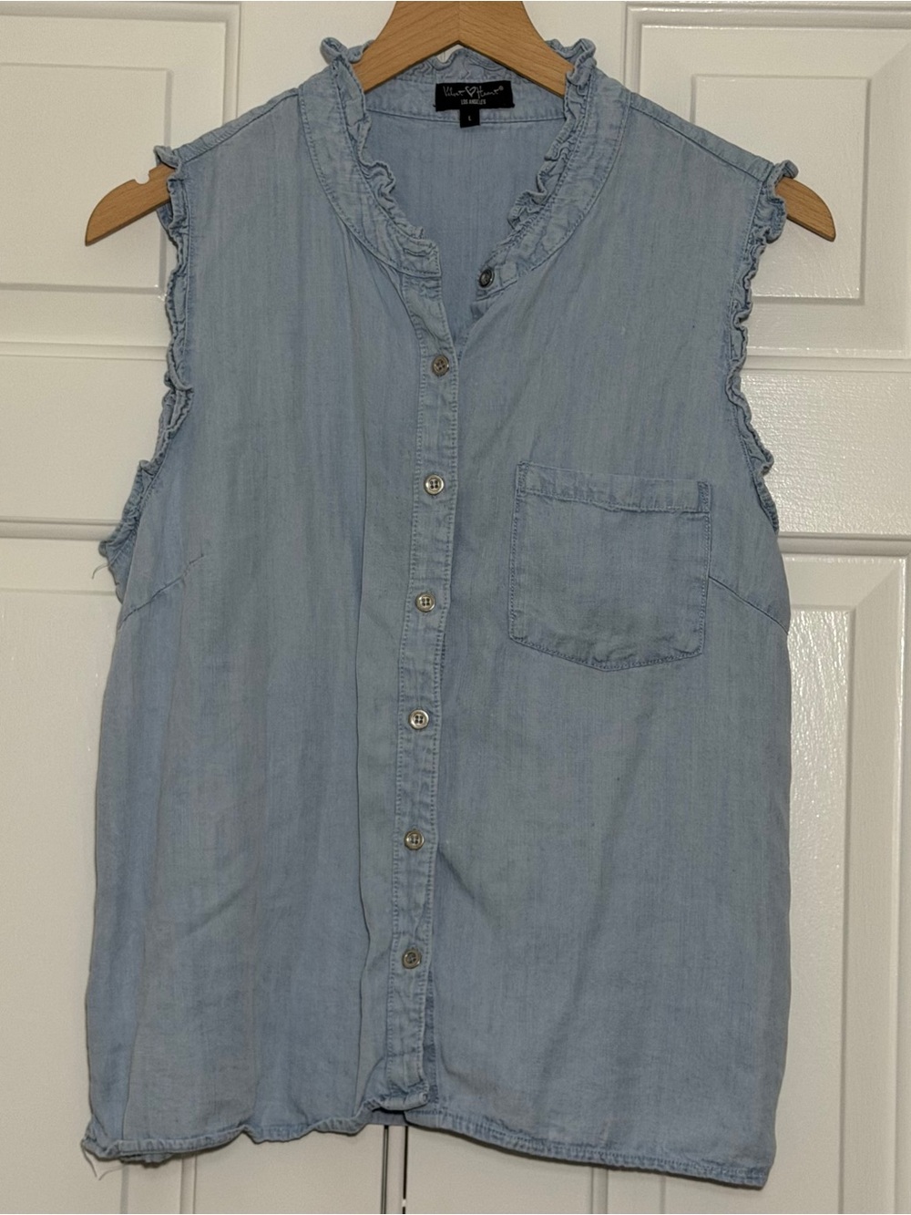 Velvet Heart Tencel Chambray Sleeveless Button Front Top Large Ruffle Trim